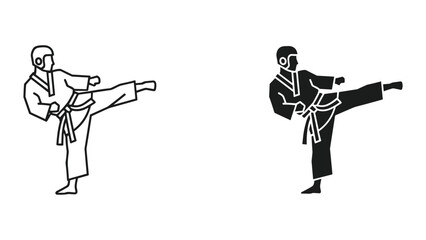 Vector illustration of two karate practitioners in kicking stances with headgear and protective gear on a white background © SHAHRIYAR RASEL