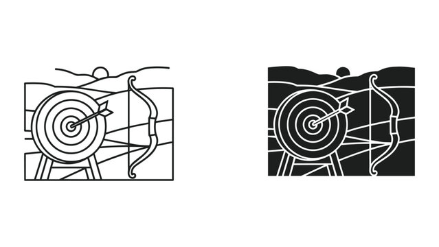 Vector illustration of a bow and arrow hitting a target with a bullseye on a stand