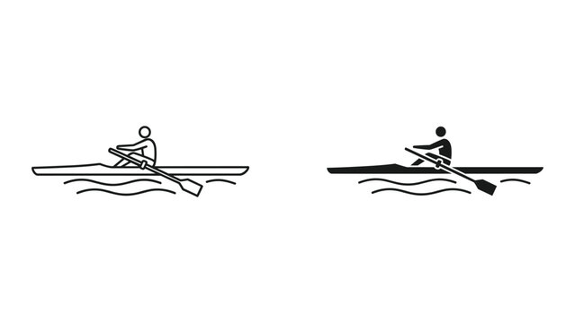 Black and white line and solid icon of a person rowing a boat on water with oar