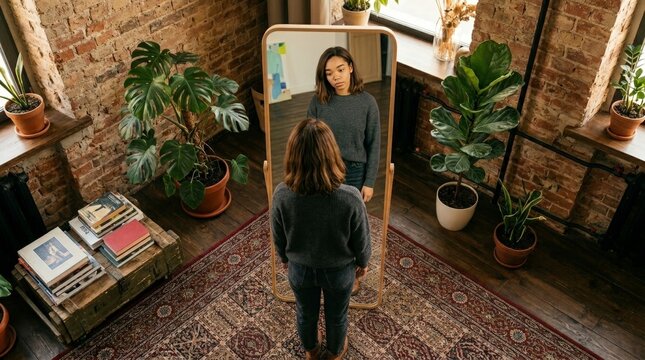 Woman looking at herself in a mirror indoors