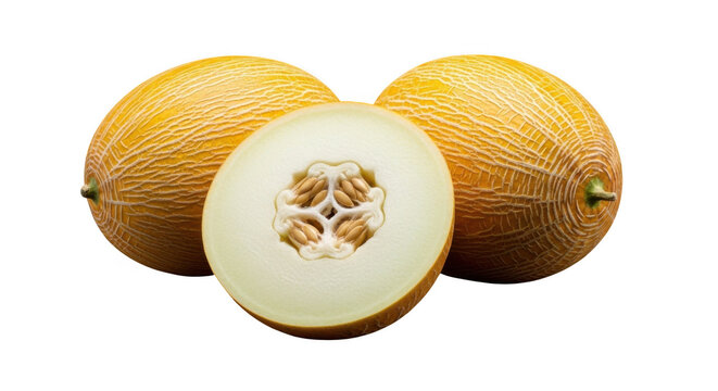 Whole and sliced galia melons isolated on transparent background