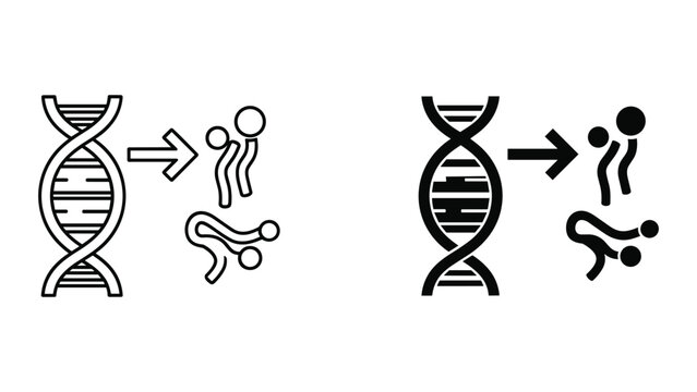 Dna double helix structure with human and protein illustrations in black and white