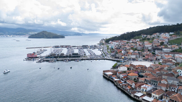 Aerial view of combarro village and marina in galicia