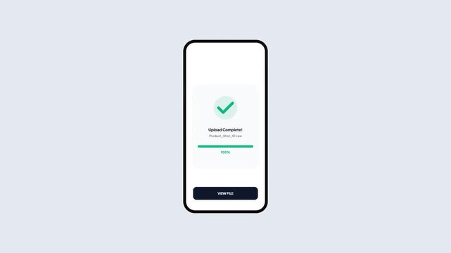 Mobile Phone Interface for RAW Image File Upload Progress with Loading Bar and Upload Complete Notification