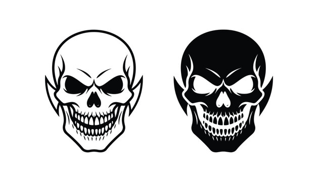 Menacing skull with sharp teeth and horns line art and solid silhouette icons on white background for horror