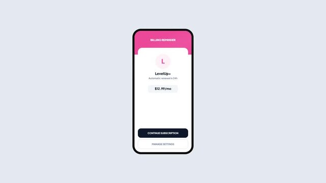 Game Subscription Renewal Reminder Notification on Smartphone with Billing Details and Manage Settings Interface