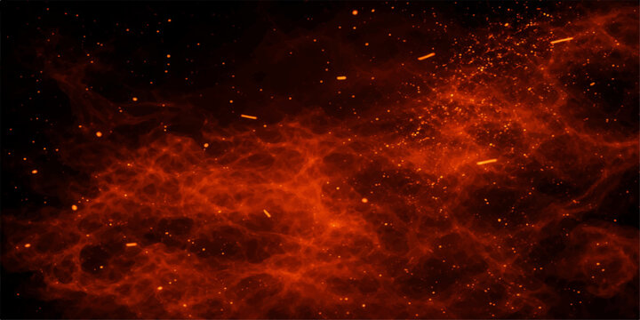 A fiery inferno of red and orange flames creates a hot, loopable texture of burning energy against a black background with smoke and light during an exploding fire explosion