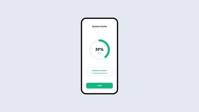 System Cache Cleaner Mobile App UI with Progress Circle Percentage and Storage Almost Full Warning Animation