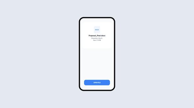 Smartphone lock screen notification for shared document file with cloud sync details and open file prompt