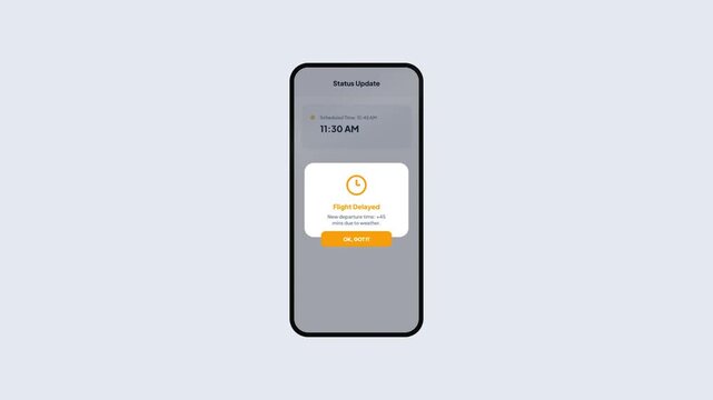 Flight Status Update Notification Showing Delayed Departure Time on Smartphone