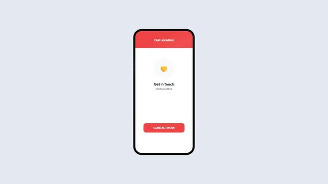 Mobile App Contact Us Page with Location Map Background and Action Button Animation