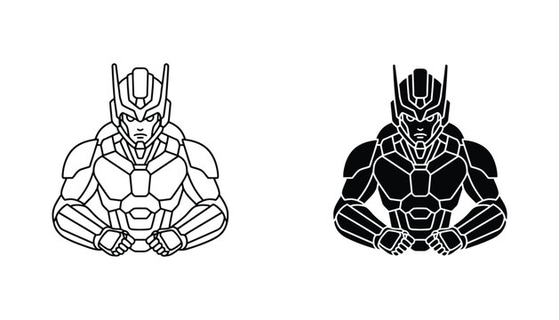 Futuristic robot warrior with armored chest and helmet in black and white line art and solid silhouette vector illustration for sci-fi and gaming design