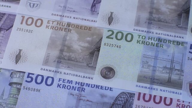 Money, currency of Denmark, Danish krone banknotes of various denominations. Denmark, Danish money as a financial background for your design