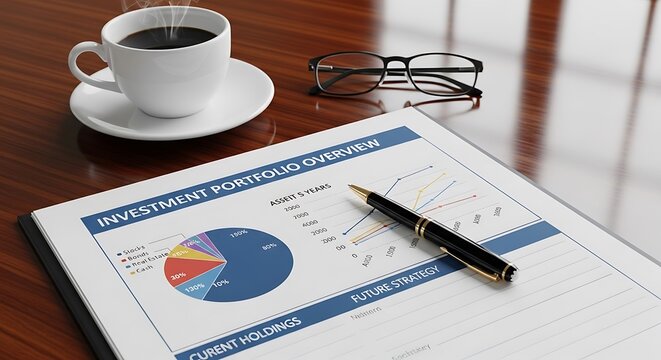 Business finance documents and coffee cup.