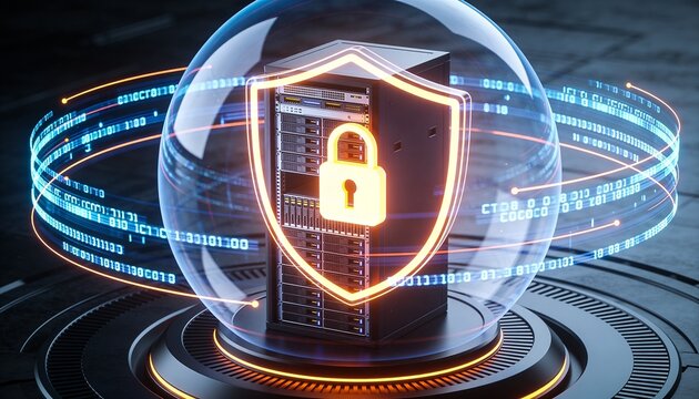 Glowing padlock-activated energy dome enclosing a server rack, floating encrypted data streams orbiting the shield barrier, minimalist clean 3D render, dark futuristic backdrop, vivid color scheme, lo