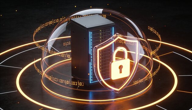 Glowing padlock-activated energy dome enclosing a server rack, floating encrypted data streams orbiting the shield barrier, minimalist clean 3D render, dark futuristic backdrop, vivid color scheme, lo