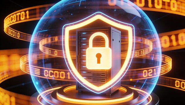 Glowing padlock-activated energy dome enclosing a server rack, floating encrypted data streams orbiting the shield barrier, minimalist clean 3D render, dark futuristic backdrop, vivid color scheme, lo