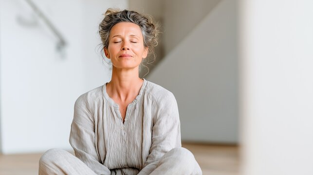 Middle-aged woman practicing mindfulness at home, sitting comfortably, peace relaxation,  mental health concept