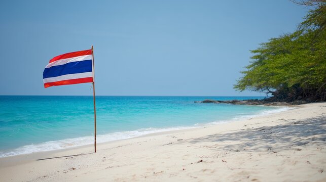 The flag of Vietnam close to the white sandy seashore,  travel, vacation concept