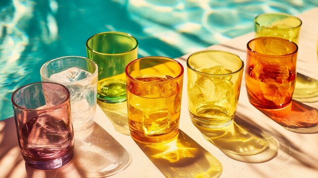 Tropical drinks set in colorful glasses by the poolside, summer party