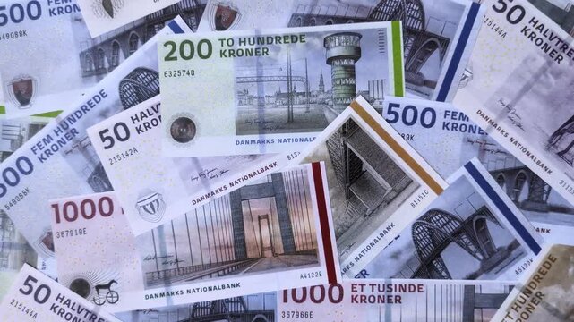 Money, currency of Denmark, Danish krone banknotes of various denominations. Denmark, Danish money as a financial background for your design