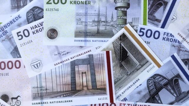 Money, currency of Denmark, Danish krone banknotes of various denominations. Denmark, Danish money as a financial background for your design