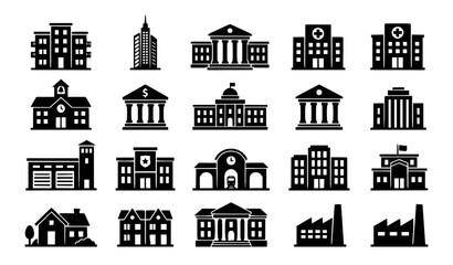 Fototapeta premium Modern building icon set apartment skyscraper hospital government house solid black vector symbols collection