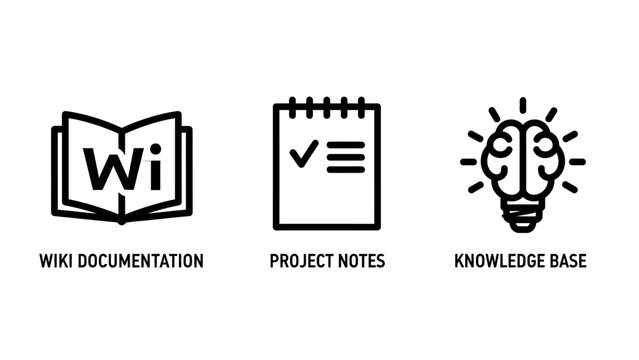 Wiki documentation project notes knowledge base line icons for information management with task list problem solving line art icon set black and white learning management information management