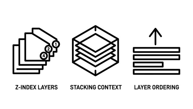 Digital z-index layers and stacking context concepts with graphic icons z index layer ordering web design front end user interface line art white background web development stacking sequence