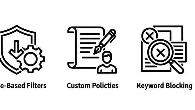 Icons for security filters custom policies keyword blocking in data and content management magnifying glass security blocking document management protection internet settings regulation