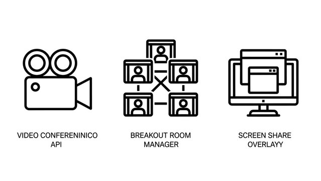 Recording api team manager screen overlays interface vector icons with video recording video camera film camera line art interface connection software application management business