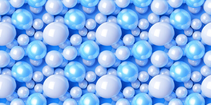 Luxuriant seamless pattern featuring radiant glossy blue balls, dimensional spheres with luminous light effects creating premium abstract background for design.