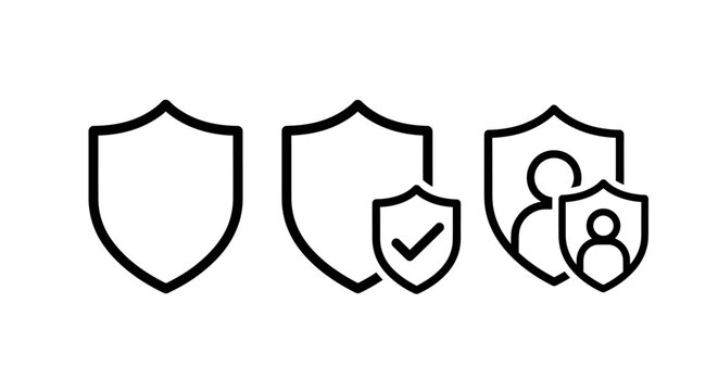 Security and privacy protection icons featuring shield symbols with verification checkmark and user safety profiles security protection checkmark verified interface technology firewall