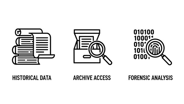 Data management line icons featuring historical data archives archive access folder with magnifying glass and forensic analysis fingerprint with binary code analysis forensic historical magnifying