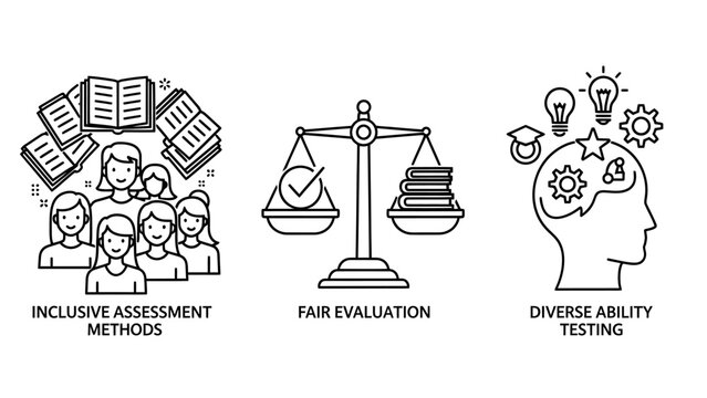 Education and assessment icons for inclusive methods fair evaluation scales and diverse ability testing with human head profile and ideas assessment evaluation inclusive diversity education