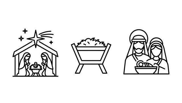 Christmas nativity scene icon set: stable with holy family manger mary joseph baby jesus christmas eve christmas day christmas religious christianity celebration illustration tradition