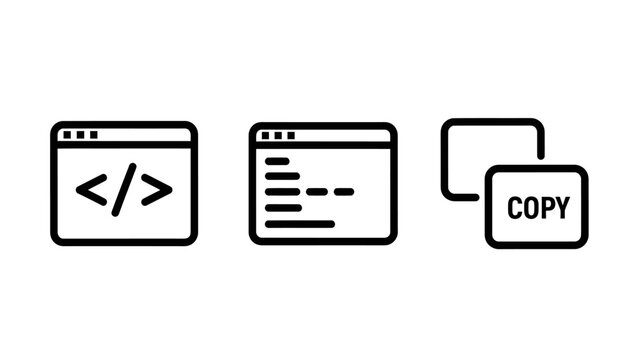Web development and document management icon set including coding symbols and file copying interface with development programming scripting document interface software application duplicate