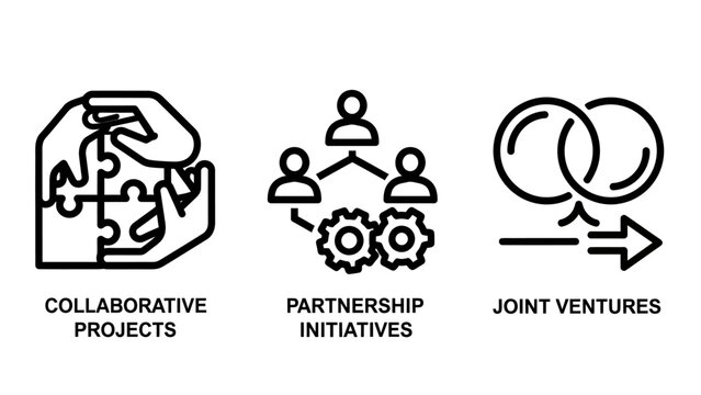 Partnership and joint venture icons featuring collaborative project management and strategic business initiatives partnership collaboration business management strategy cooperation teamwork