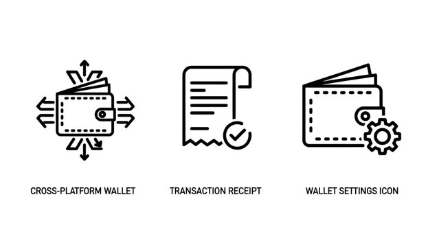 Financial icons: money flow bill payment wallet settings with transaction settings currency approved document business illustration minimalist background application