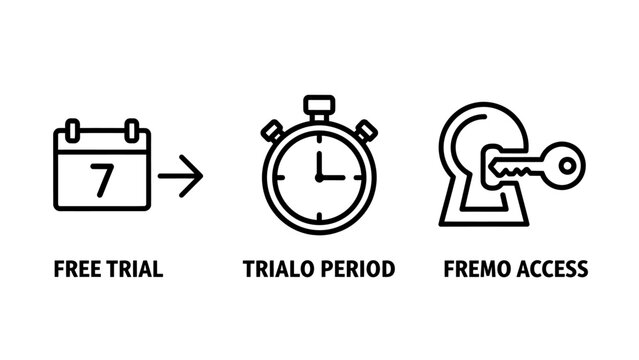 Business trial icons featuring calendar with number seven stopwatch and keyhole access calendar stopwatch business subscription duration security software marketing strategy management