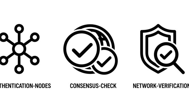 Network authentication consensus check verification icons with magnifying glass authentication consensus verification security connection agreement technology blockchain information teamwork