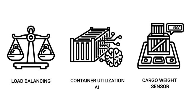Logistics icons: load balancing container AI cargo weight sensor supply chain logistics balancing container utilization transport shipping delivery warehouse measurement technology