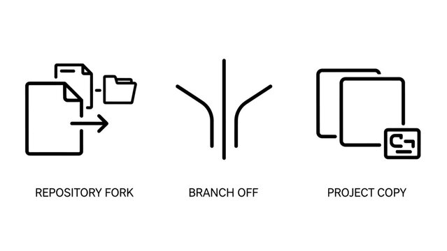 Software development icons: repository fork branch off project copy with data management file management line art repository programming version control collaboration teamwork workflow