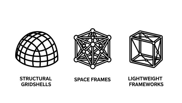 Structural gridshells space frames lightweight frameworks outline icon set with structural gridshells lightweight frameworks geometry engineering architecture construction abstract wireframe