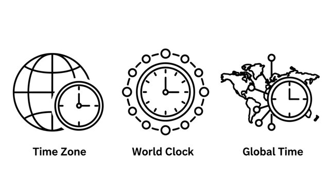 Time zone world clock and global time outline icons set for international scheduling worldwide chronology and synchronization symbols jet lag international worldwide synchronization schedule