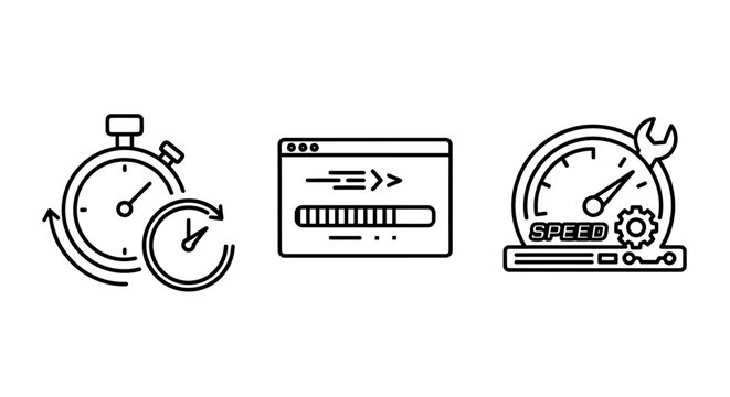 Performance and speed optimization icons set with performance optimization efficiency interface software technology business chronometer stopwatch development progress loadingbar technical