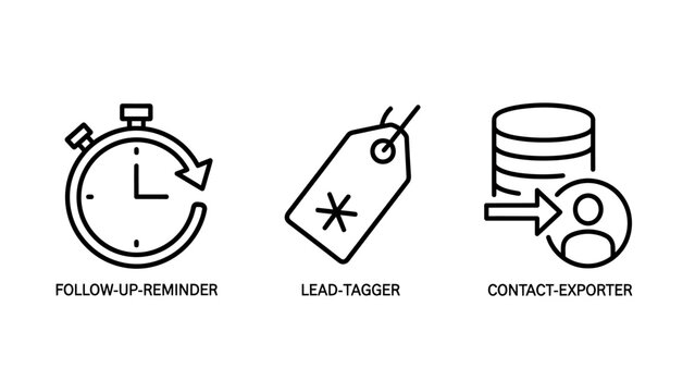 Business utility icons for follow up reminder lead tagger contact exporter with business reminder followup exporter database marketing customer management efficiency organization scheduling