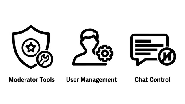 Shield with wrench user profile with gear chat control icons for online moderation and management social media moderator management administration security protection settings platform