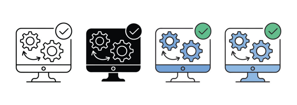 Computer settings approved icon set, vector collection of monitor and gear symbols with check marks in outline, solid, and colored styles for system configuration, software setup, and technology inter