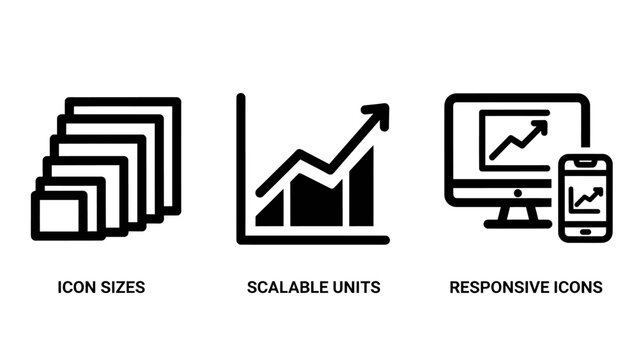Responsive design and scalable icons for web and mobile development showing different sizes and growth with user interface app design icon sizes scalable units multi device cross platform